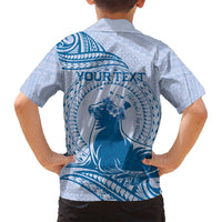 Personalised Hawaii Monk Seal Family Matching Summer Maxi Dress and Hawaiian Shirt Polynesian Tattoo With Tropical Flowers - Blue Pastel LT14 - Polynesian Pride