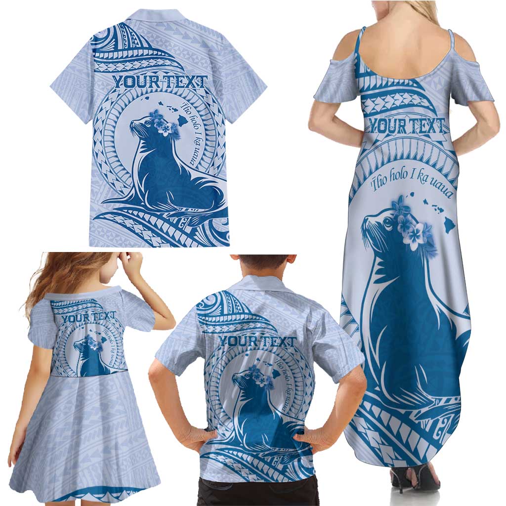 Personalised Hawaii Monk Seal Family Matching Summer Maxi Dress and Hawaiian Shirt Polynesian Tattoo With Tropical Flowers - Blue Pastel LT14 - Polynesian Pride