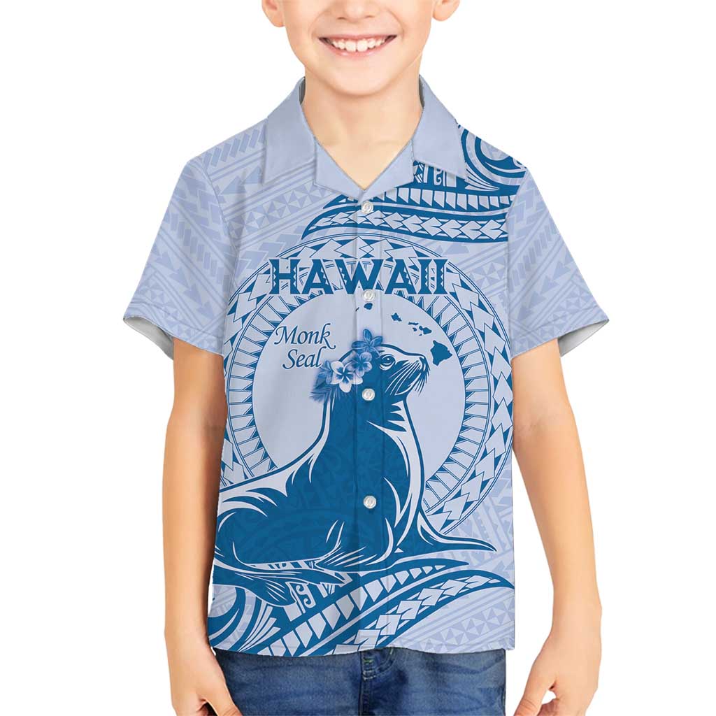 Personalised Hawaii Monk Seal Family Matching Summer Maxi Dress and Hawaiian Shirt Polynesian Tattoo With Tropical Flowers - Blue Pastel LT14 Son's Shirt Blue - Polynesian Pride