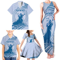 Personalised Hawaii Monk Seal Family Matching Tank Maxi Dress and Hawaiian Shirt Polynesian Tattoo With Tropical Flowers - Blue Pastel LT14 - Polynesian Pride