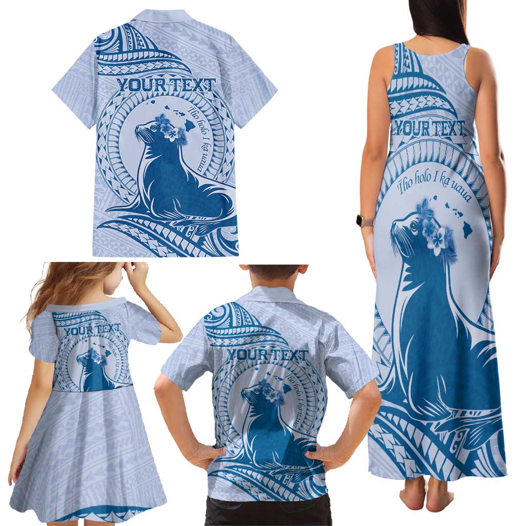 Personalised Hawaii Monk Seal Family Matching Tank Maxi Dress and Hawaiian Shirt Polynesian Tattoo With Tropical Flowers - Blue Pastel LT14 - Polynesian Pride