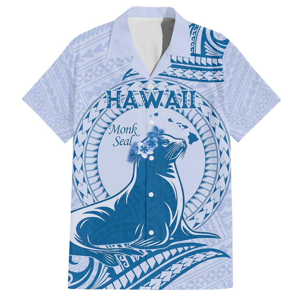 Personalised Hawaii Monk Seal Family Matching Tank Maxi Dress and Hawaiian Shirt Polynesian Tattoo With Tropical Flowers - Blue Pastel LT14 Dad's Shirt - Short Sleeve Blue - Polynesian Pride