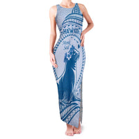 Personalised Hawaii Monk Seal Family Matching Tank Maxi Dress and Hawaiian Shirt Polynesian Tattoo With Tropical Flowers - Blue Pastel LT14 Mom's Dress Blue - Polynesian Pride