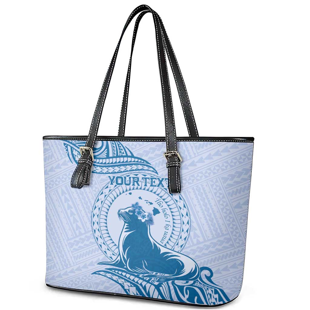 Personalised Hawaii Monk Seal Leather Tote Bag Polynesian Tattoo With Tropical Flowers - Blue Pastel