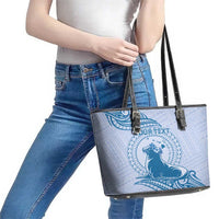 Personalised Hawaii Monk Seal Leather Tote Bag Polynesian Tattoo With Tropical Flowers - Blue Pastel