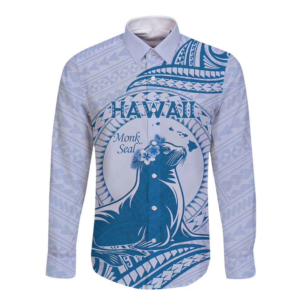 Personalised Hawaii Monk Seal Long Sleeve Button Shirt Polynesian Tattoo With Tropical Flowers - Blue Pastel