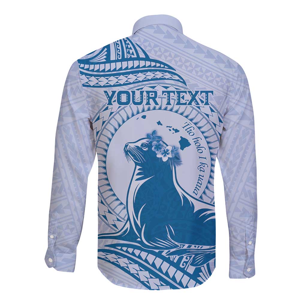 Personalised Hawaii Monk Seal Long Sleeve Button Shirt Polynesian Tattoo With Tropical Flowers - Blue Pastel