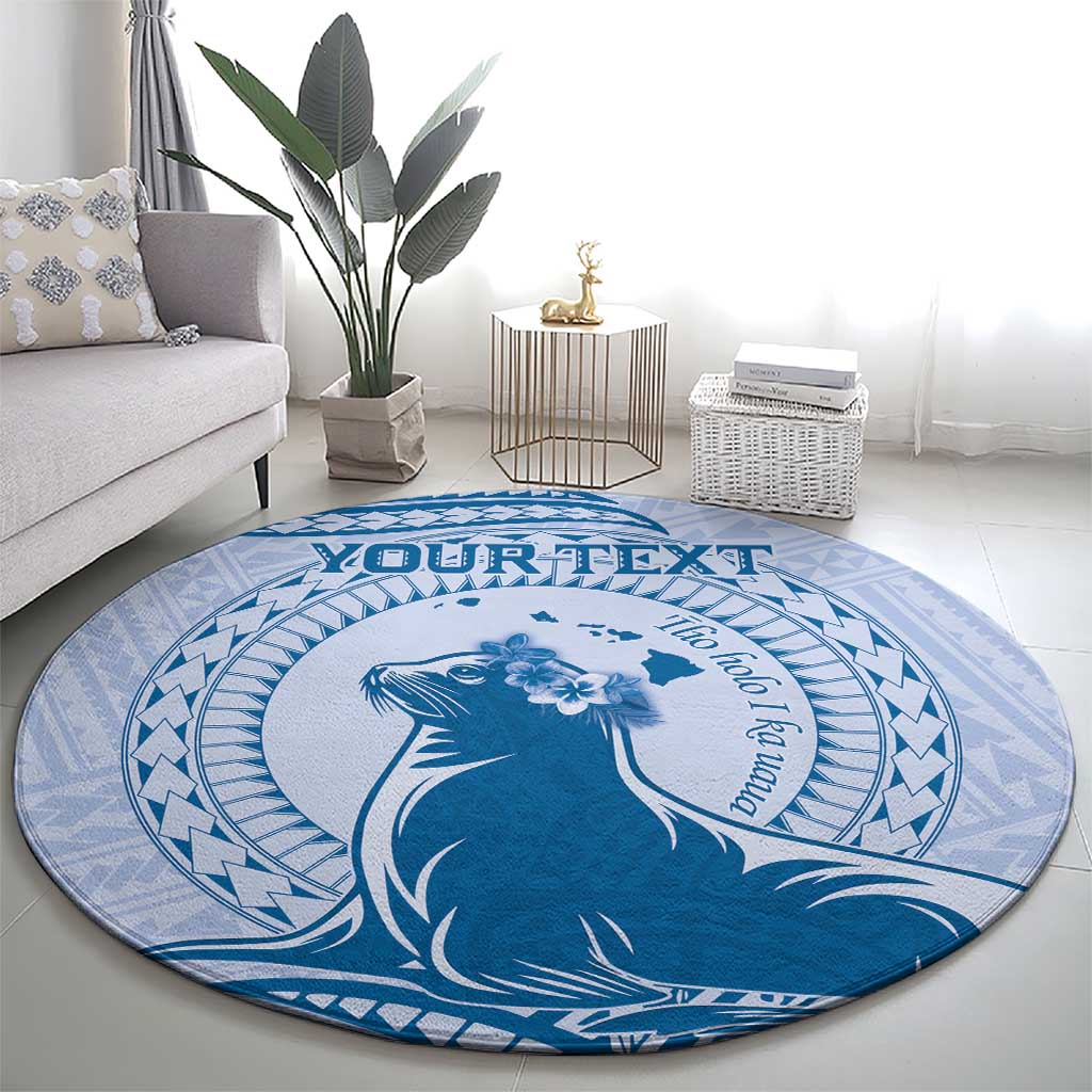 Personalised Hawaii Monk Seal Round Carpet Polynesian Tattoo With Tropical Flowers - Blue Pastel LT14 - Polynesian Pride