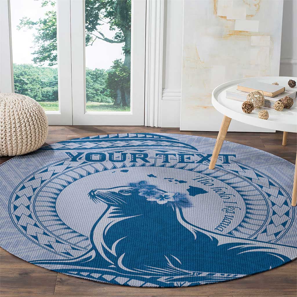 Personalised Hawaii Monk Seal Round Carpet Polynesian Tattoo With Tropical Flowers - Blue Pastel LT14 - Polynesian Pride