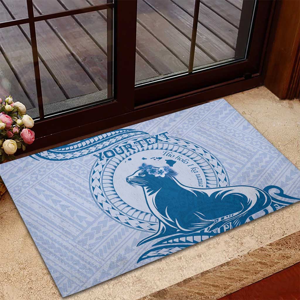 Personalised Hawaii Monk Seal Rubber Doormat Polynesian Tattoo With Tropical Flowers - Blue Pastel