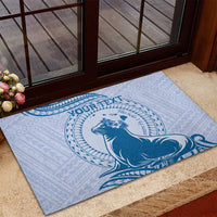 Personalised Hawaii Monk Seal Rubber Doormat Polynesian Tattoo With Tropical Flowers - Blue Pastel