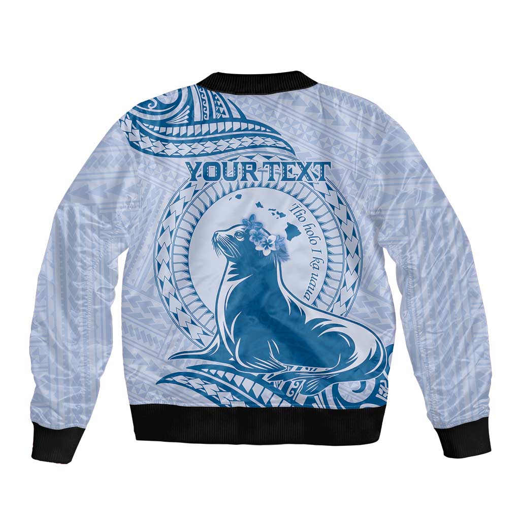 Personalised Hawaii Monk Seal Sleeve Zip Bomber Jacket Polynesian Tattoo With Tropical Flowers - Blue Pastel