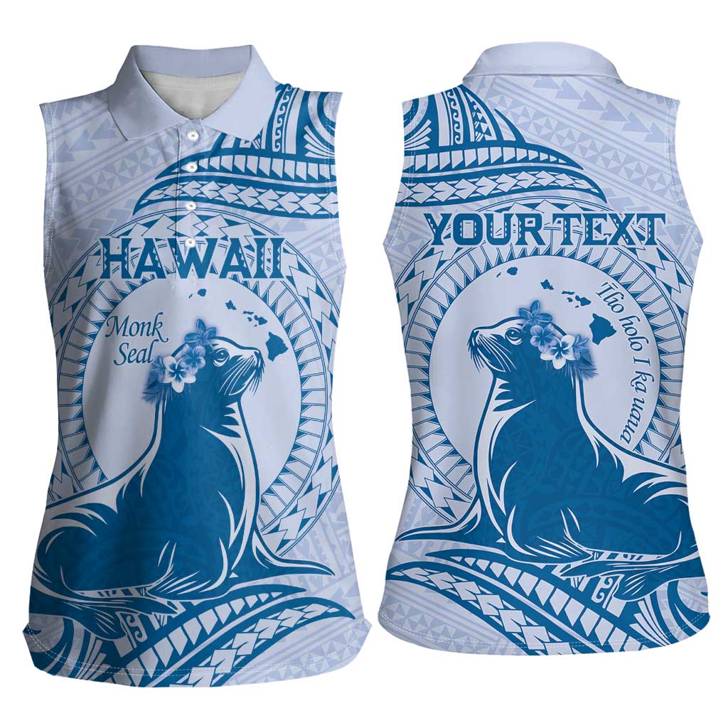 Personalised Hawaii Monk Seal Women Sleeveless Polo Shirt Polynesian Tattoo With Tropical Flowers - Blue Pastel