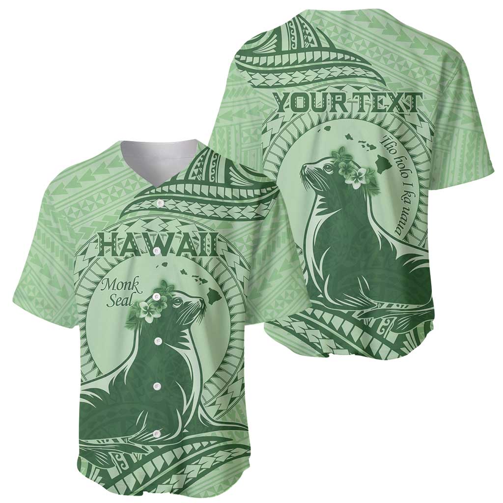 Personalised Hawaii Monk Seal Baseball Jersey Polynesian Tattoo With Tropical Flowers - Green Pastel