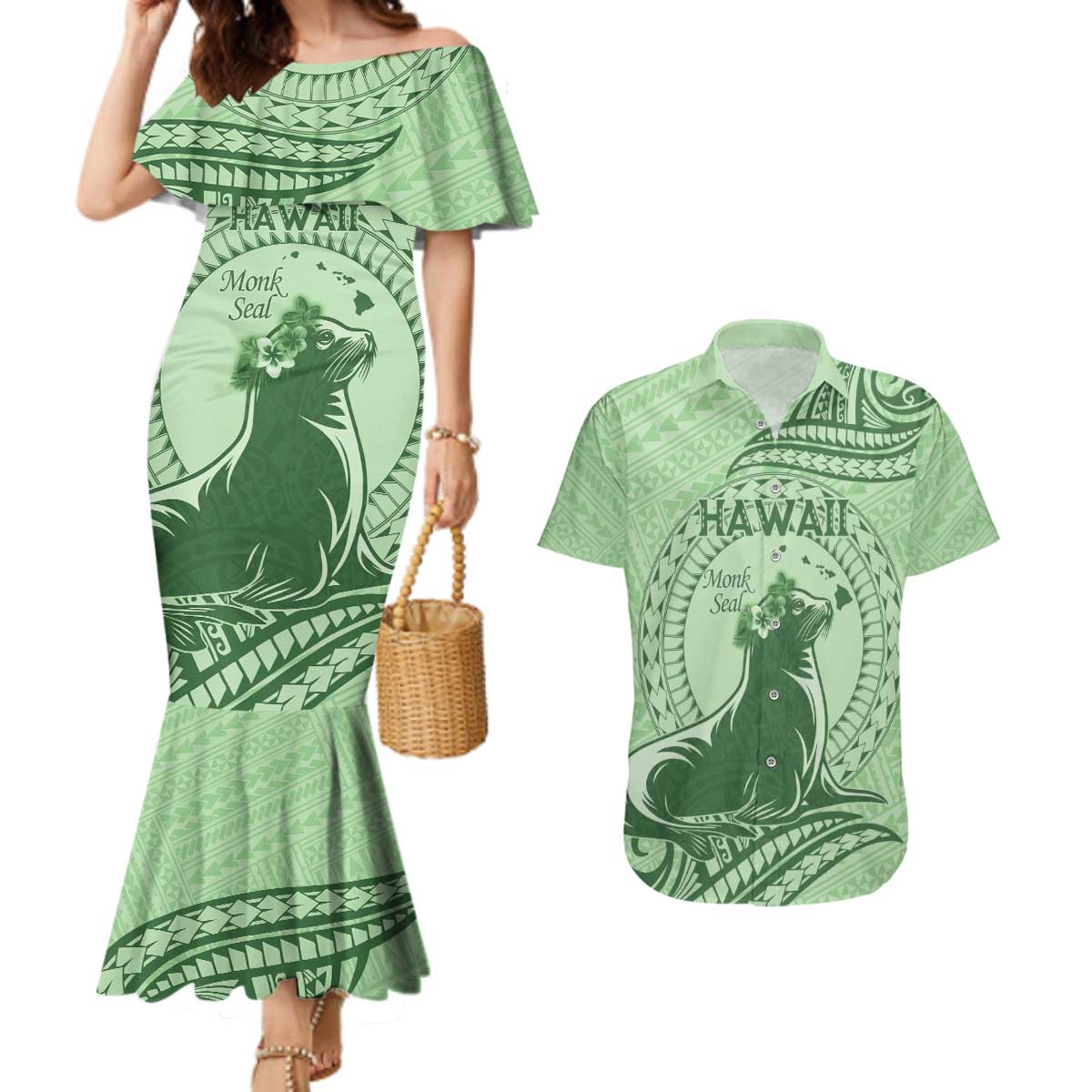 Personalised Hawaii Monk Seal Couples Matching Mermaid Dress and Hawaiian Shirt Polynesian Tattoo With Tropical Flowers - Green Pastel LT14 Green - Polynesian Pride
