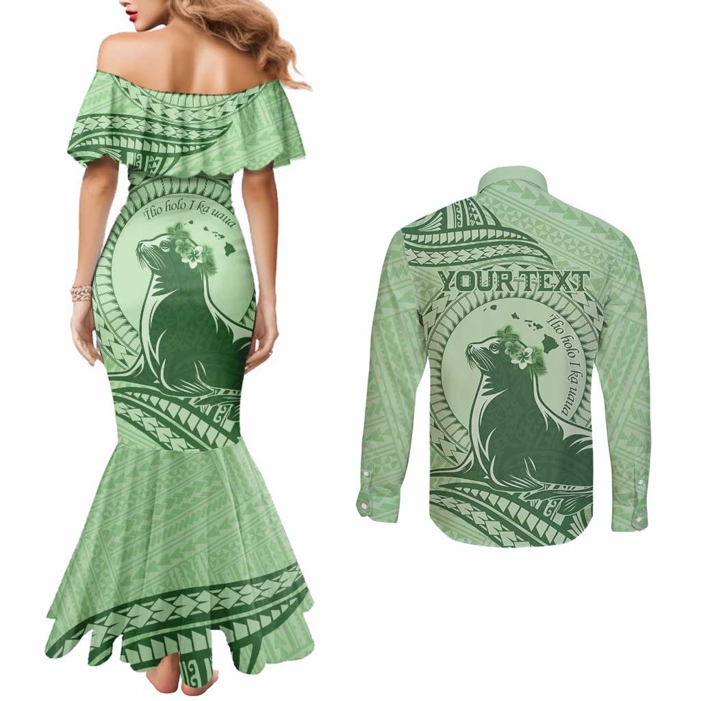 Personalised Hawaii Monk Seal Couples Matching Mermaid Dress and Long Sleeve Button Shirt Polynesian Tattoo With Tropical Flowers - Green Pastel