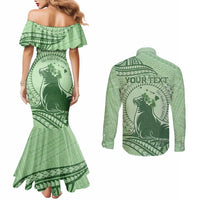 Personalised Hawaii Monk Seal Couples Matching Mermaid Dress and Long Sleeve Button Shirt Polynesian Tattoo With Tropical Flowers - Green Pastel