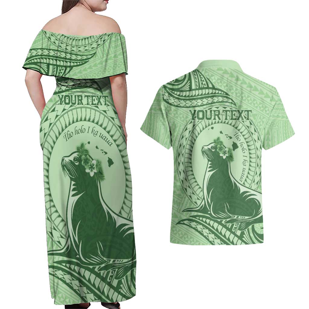 Personalised Hawaii Monk Seal Couples Matching Off Shoulder Maxi Dress and Hawaiian Shirt Polynesian Tattoo With Tropical Flowers - Green Pastel LT14 - Polynesian Pride