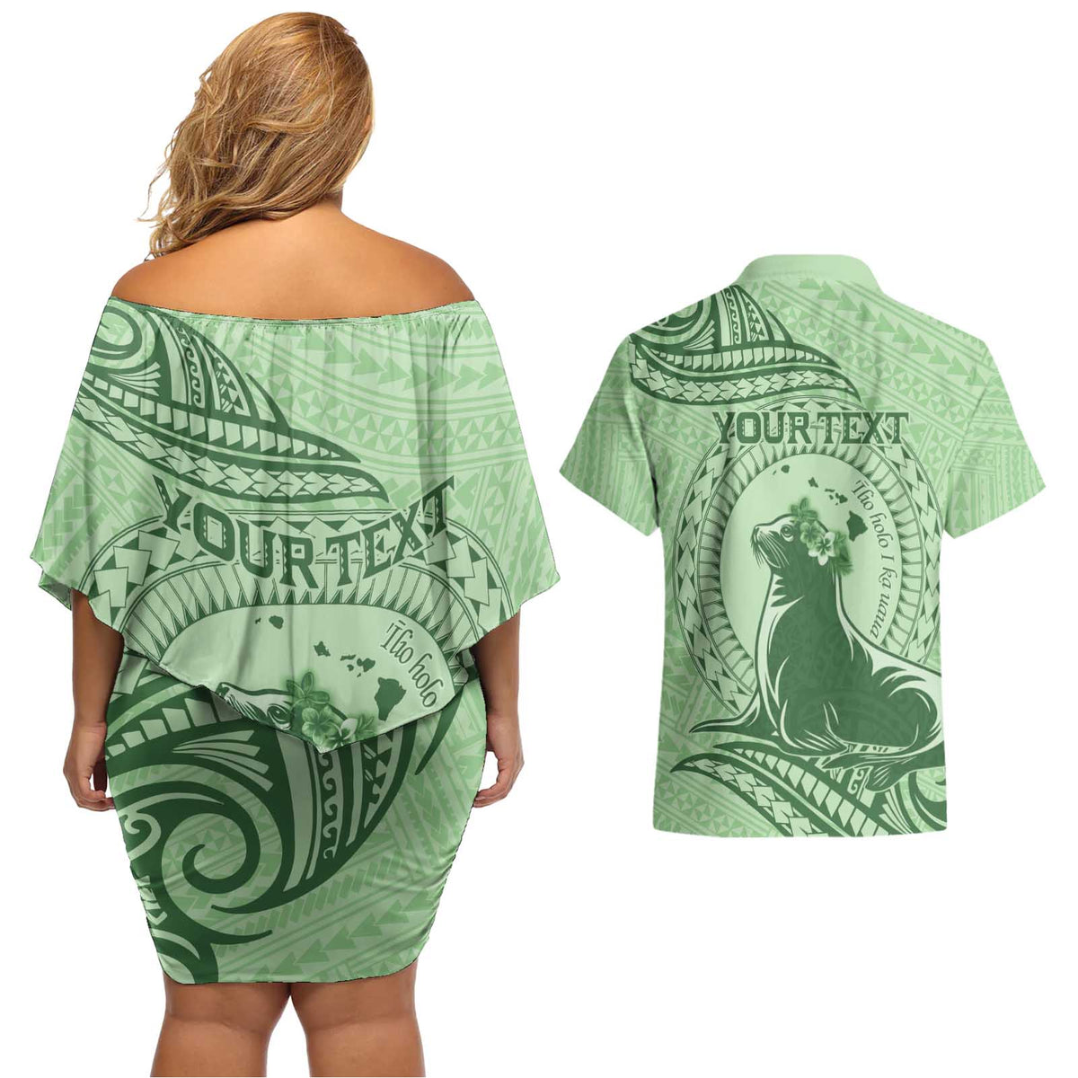Personalised Hawaii Monk Seal Couples Matching Off Shoulder Short Dress and Hawaiian Shirt Polynesian Tattoo With Tropical Flowers - Green Pastel