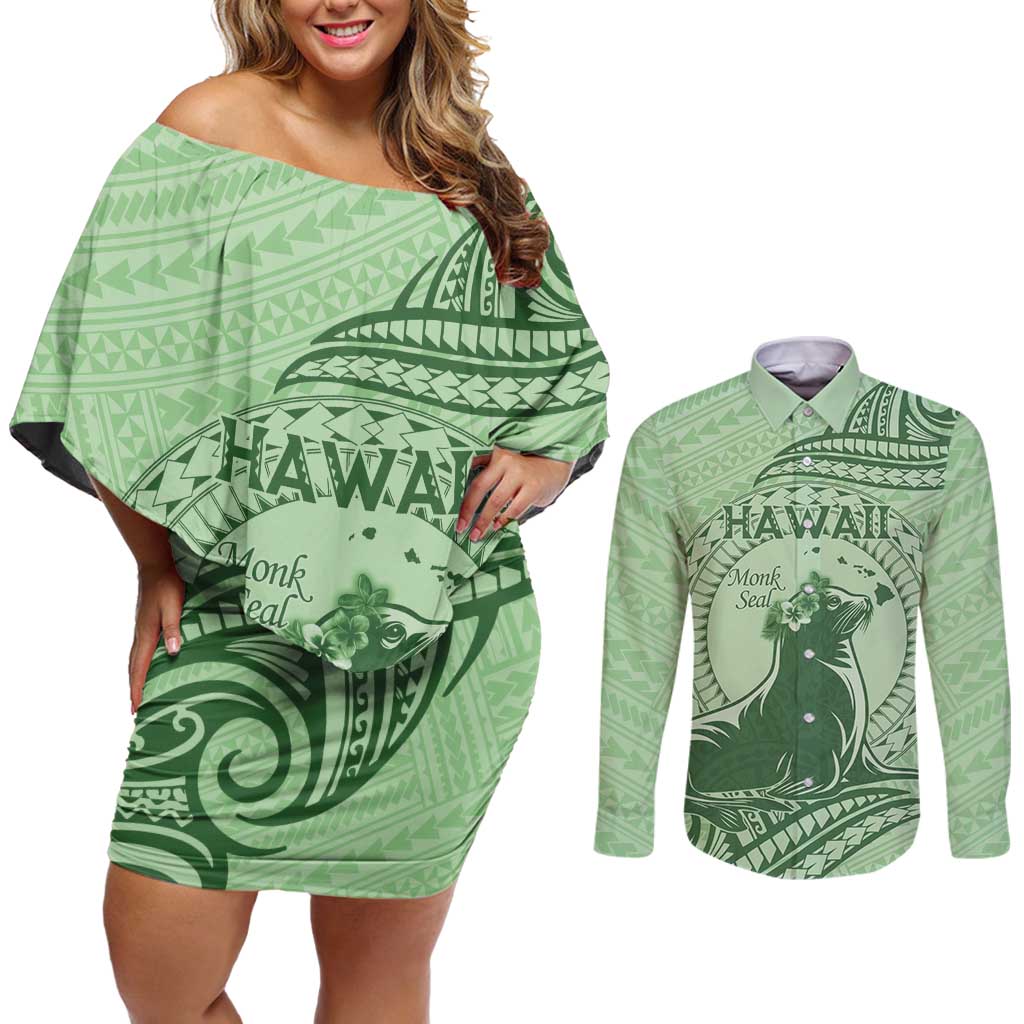 Personalised Hawaii Monk Seal Couples Matching Off Shoulder Short Dress and Long Sleeve Button Shirt Polynesian Tattoo With Tropical Flowers - Green Pastel