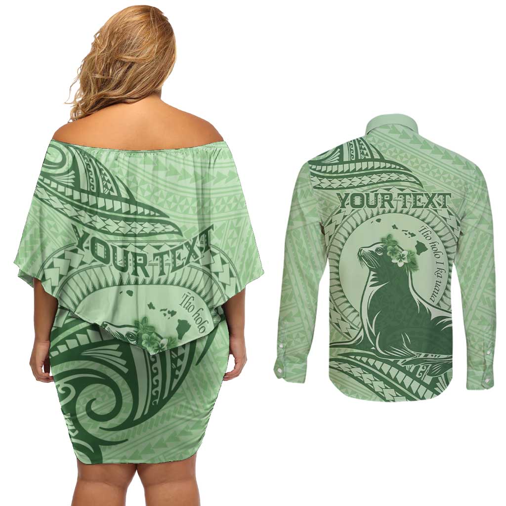 Personalised Hawaii Monk Seal Couples Matching Off Shoulder Short Dress and Long Sleeve Button Shirt Polynesian Tattoo With Tropical Flowers - Green Pastel
