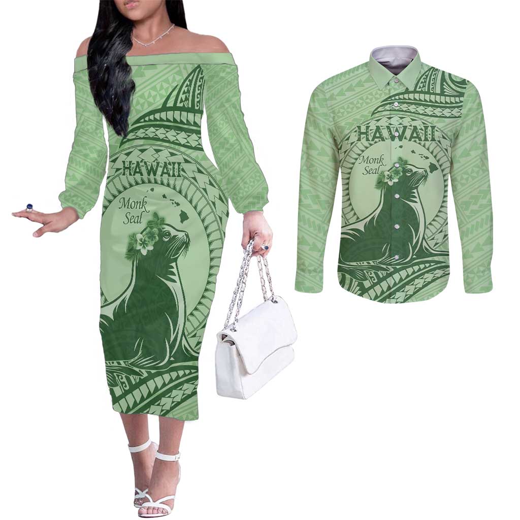 Personalised Hawaii Monk Seal Couples Matching Off The Shoulder Long Sleeve Dress and Long Sleeve Button Shirt Polynesian Tattoo With Tropical Flowers - Green Pastel