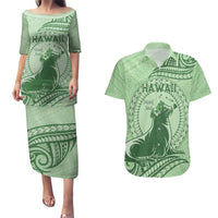 Personalised Hawaii Monk Seal Couples Matching Puletasi and Hawaiian Shirt Polynesian Tattoo With Tropical Flowers - Green Pastel