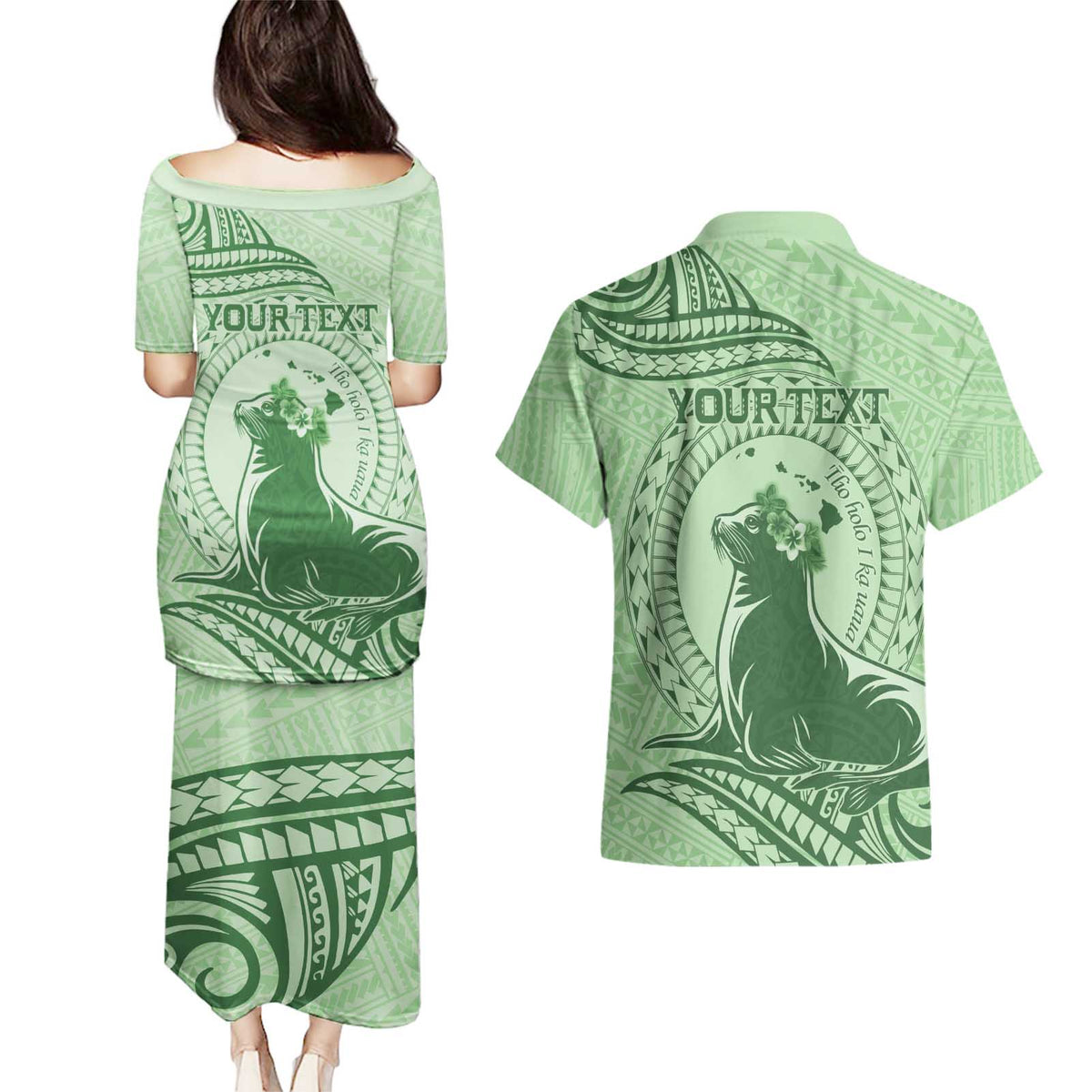 Personalised Hawaii Monk Seal Couples Matching Puletasi and Hawaiian Shirt Polynesian Tattoo With Tropical Flowers - Green Pastel