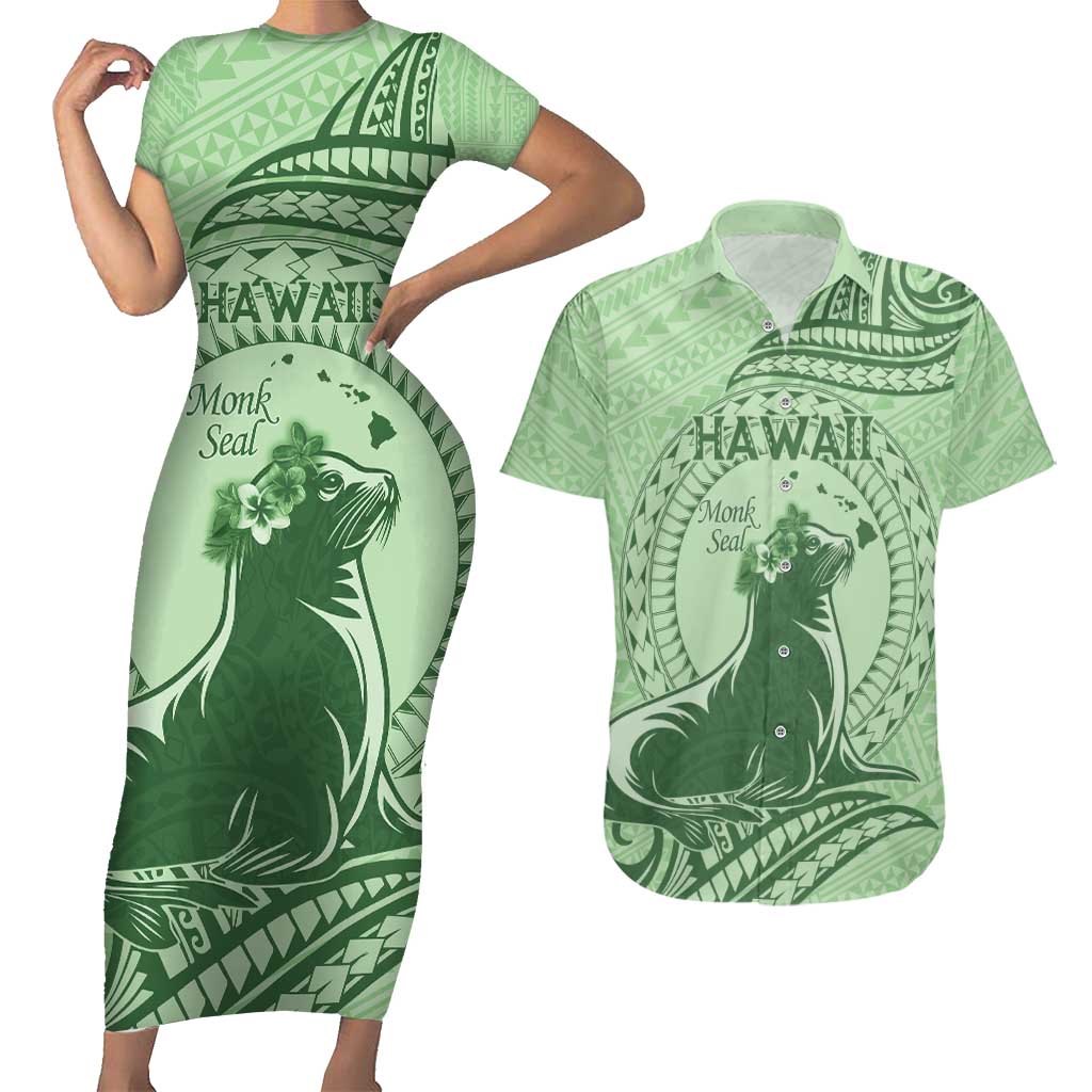 Personalised Hawaii Monk Seal Couples Matching Short Sleeve Bodycon Dress and Hawaiian Shirt Polynesian Tattoo With Tropical Flowers - Green Pastel LT14 Green - Polynesian Pride