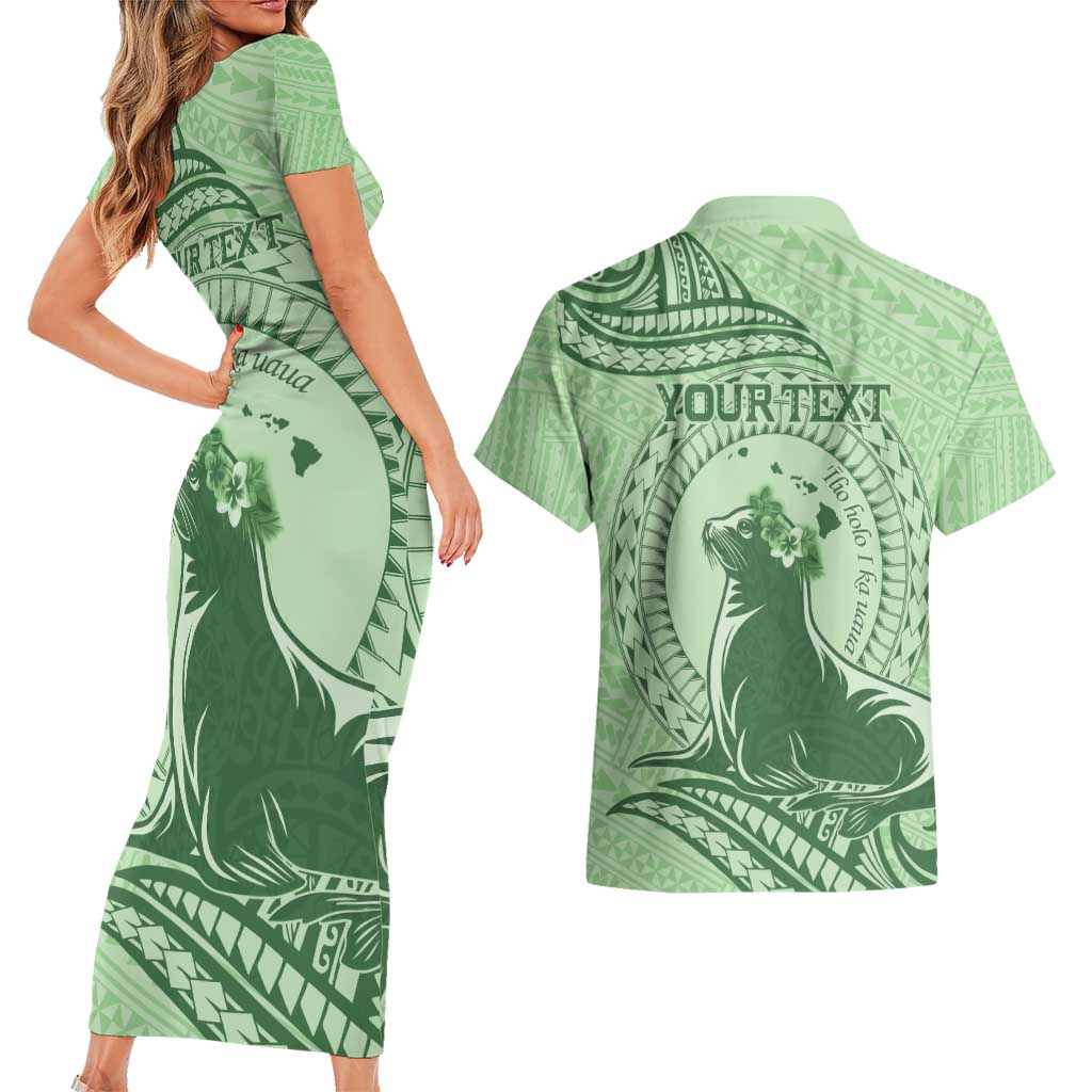 Personalised Hawaii Monk Seal Couples Matching Short Sleeve Bodycon Dress and Hawaiian Shirt Polynesian Tattoo With Tropical Flowers - Green Pastel LT14 - Polynesian Pride