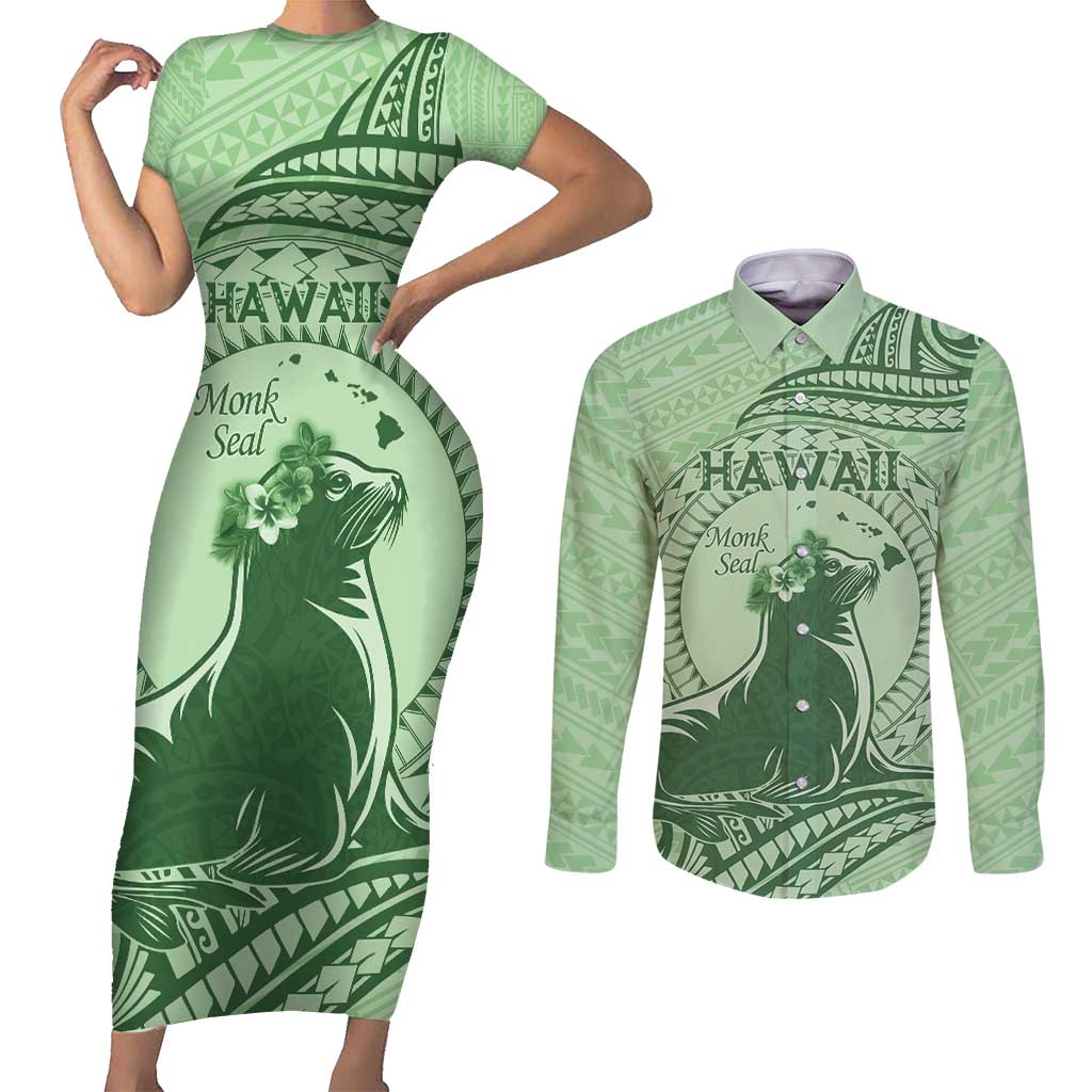 Personalised Hawaii Monk Seal Couples Matching Short Sleeve Bodycon Dress and Long Sleeve Button Shirt Polynesian Tattoo With Tropical Flowers - Green Pastel