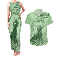 Personalised Hawaii Monk Seal Couples Matching Tank Maxi Dress and Hawaiian Shirt Polynesian Tattoo With Tropical Flowers - Green Pastel