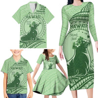 Personalised Hawaii Monk Seal Family Matching Long Sleeve Bodycon Dress and Hawaiian Shirt Polynesian Tattoo With Tropical Flowers - Green Pastel LT14 - Polynesian Pride
