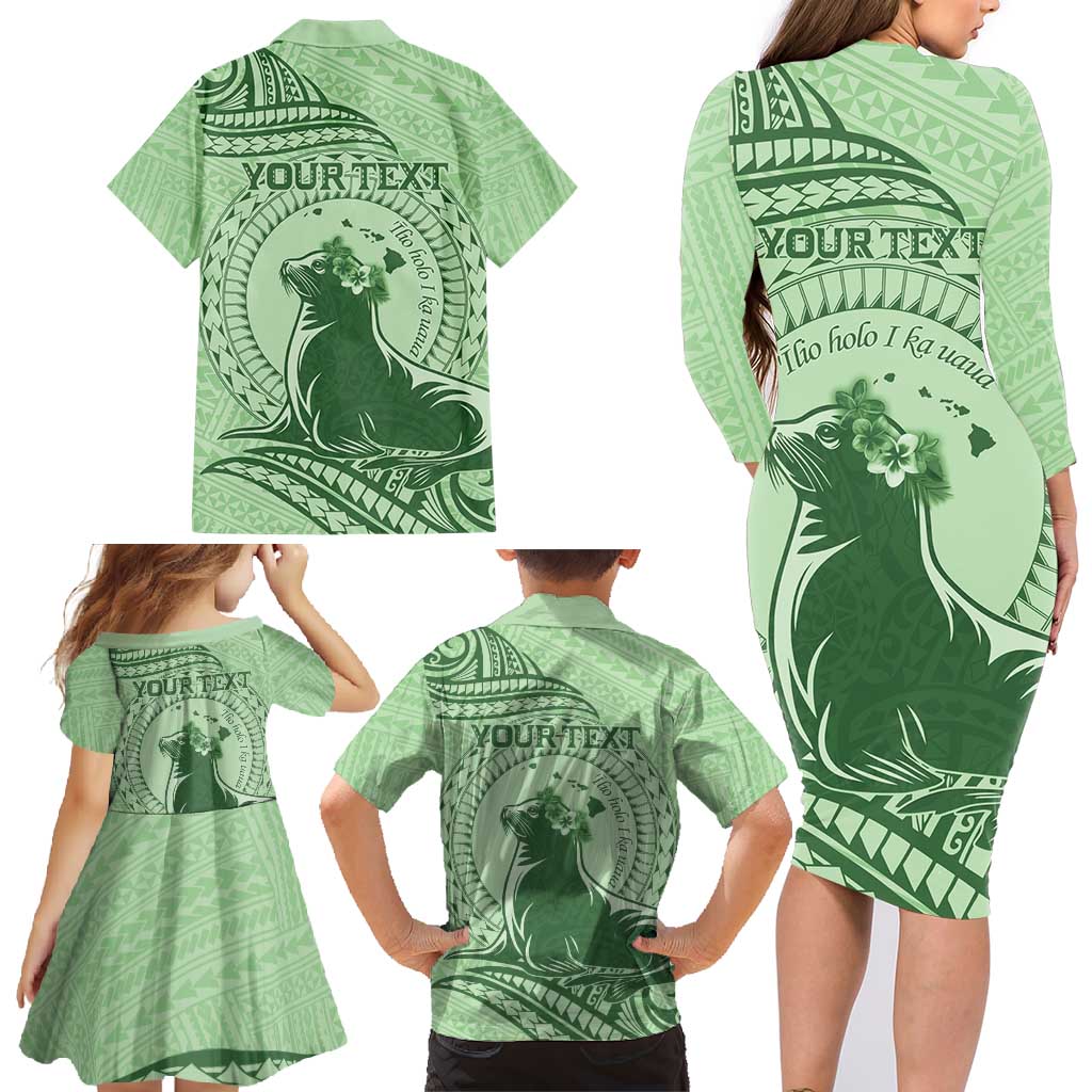 Personalised Hawaii Monk Seal Family Matching Long Sleeve Bodycon Dress and Hawaiian Shirt Polynesian Tattoo With Tropical Flowers - Green Pastel LT14 - Polynesian Pride