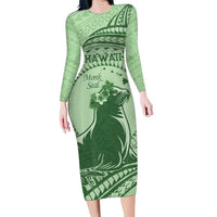 Personalised Hawaii Monk Seal Family Matching Long Sleeve Bodycon Dress and Hawaiian Shirt Polynesian Tattoo With Tropical Flowers - Green Pastel LT14 Mom's Dress Green - Polynesian Pride