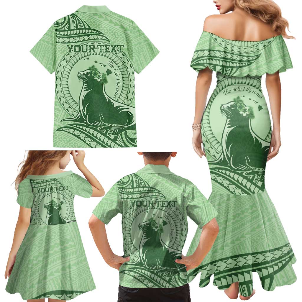 Personalised Hawaii Monk Seal Family Matching Mermaid Dress and Hawaiian Shirt Polynesian Tattoo With Tropical Flowers - Green Pastel LT14 - Polynesian Pride