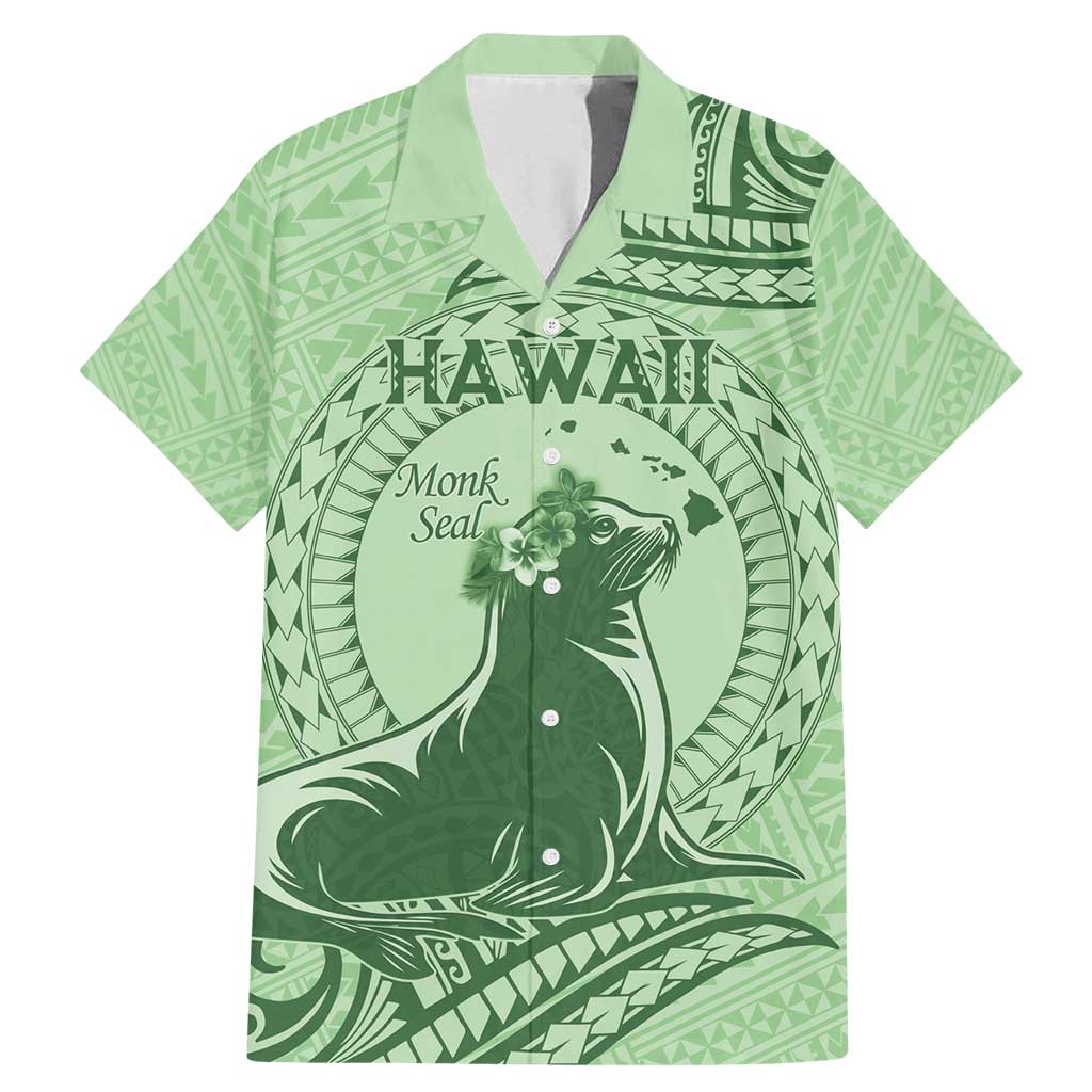 Personalised Hawaii Monk Seal Family Matching Mermaid Dress and Hawaiian Shirt Polynesian Tattoo With Tropical Flowers - Green Pastel LT14 Dad's Shirt - Short Sleeve Green - Polynesian Pride
