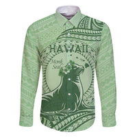 Personalised Hawaii Monk Seal Family Matching Mermaid Dress and Hawaiian Shirt Polynesian Tattoo With Tropical Flowers - Green Pastel LT14 Dad's Shirt - Long Sleeve Green - Polynesian Pride