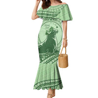 Personalised Hawaii Monk Seal Family Matching Mermaid Dress and Hawaiian Shirt Polynesian Tattoo With Tropical Flowers - Green Pastel LT14 Mom's Dress Green - Polynesian Pride