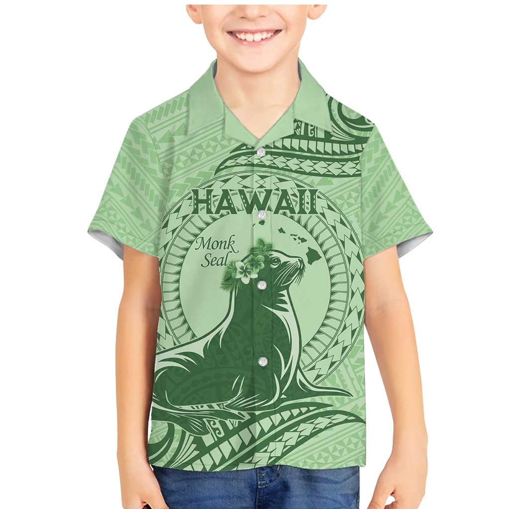 Personalised Hawaii Monk Seal Family Matching Mermaid Dress and Hawaiian Shirt Polynesian Tattoo With Tropical Flowers - Green Pastel LT14 Son's Shirt Green - Polynesian Pride