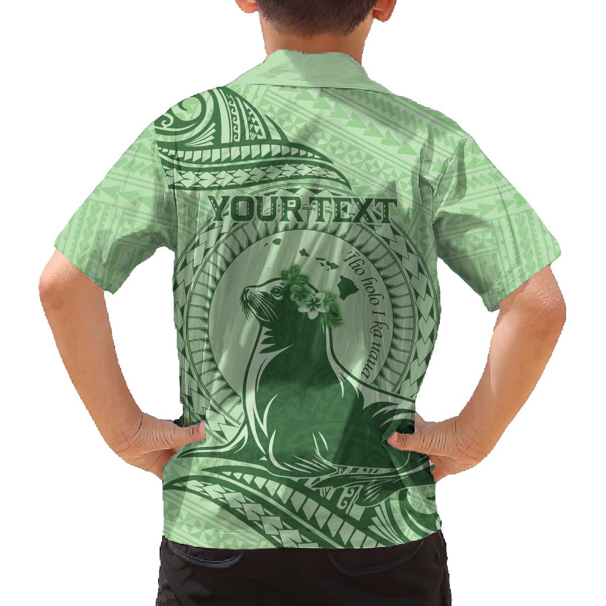 Personalised Hawaii Monk Seal Family Matching Off The Shoulder Long Sleeve Dress and Hawaiian Shirt Polynesian Tattoo With Tropical Flowers - Green Pastel LT14 - Polynesian Pride