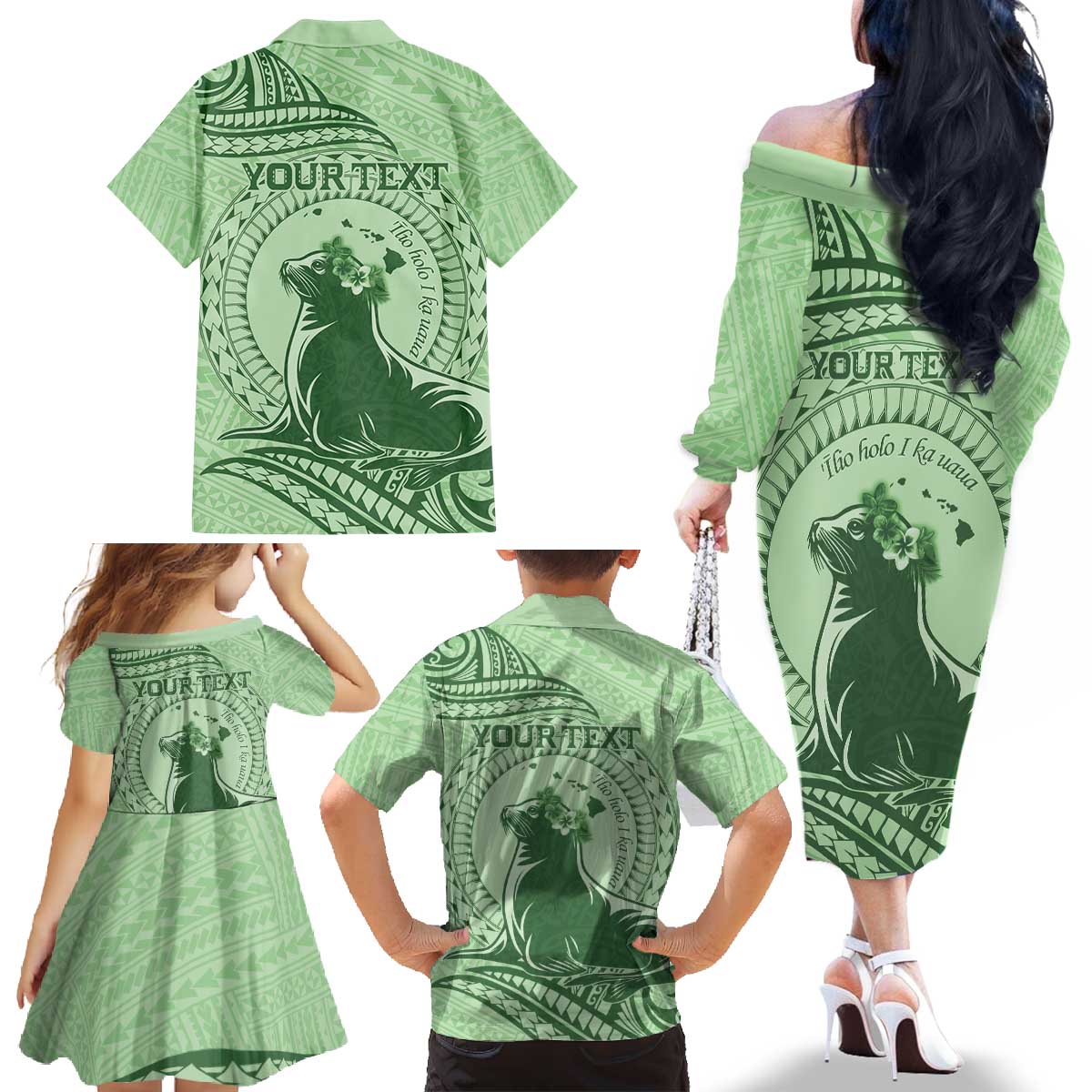 Personalised Hawaii Monk Seal Family Matching Off The Shoulder Long Sleeve Dress and Hawaiian Shirt Polynesian Tattoo With Tropical Flowers - Green Pastel LT14 - Polynesian Pride