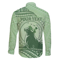 Personalised Hawaii Monk Seal Family Matching Off Shoulder Maxi Dress and Hawaiian Shirt Polynesian Tattoo With Tropical Flowers - Green Pastel