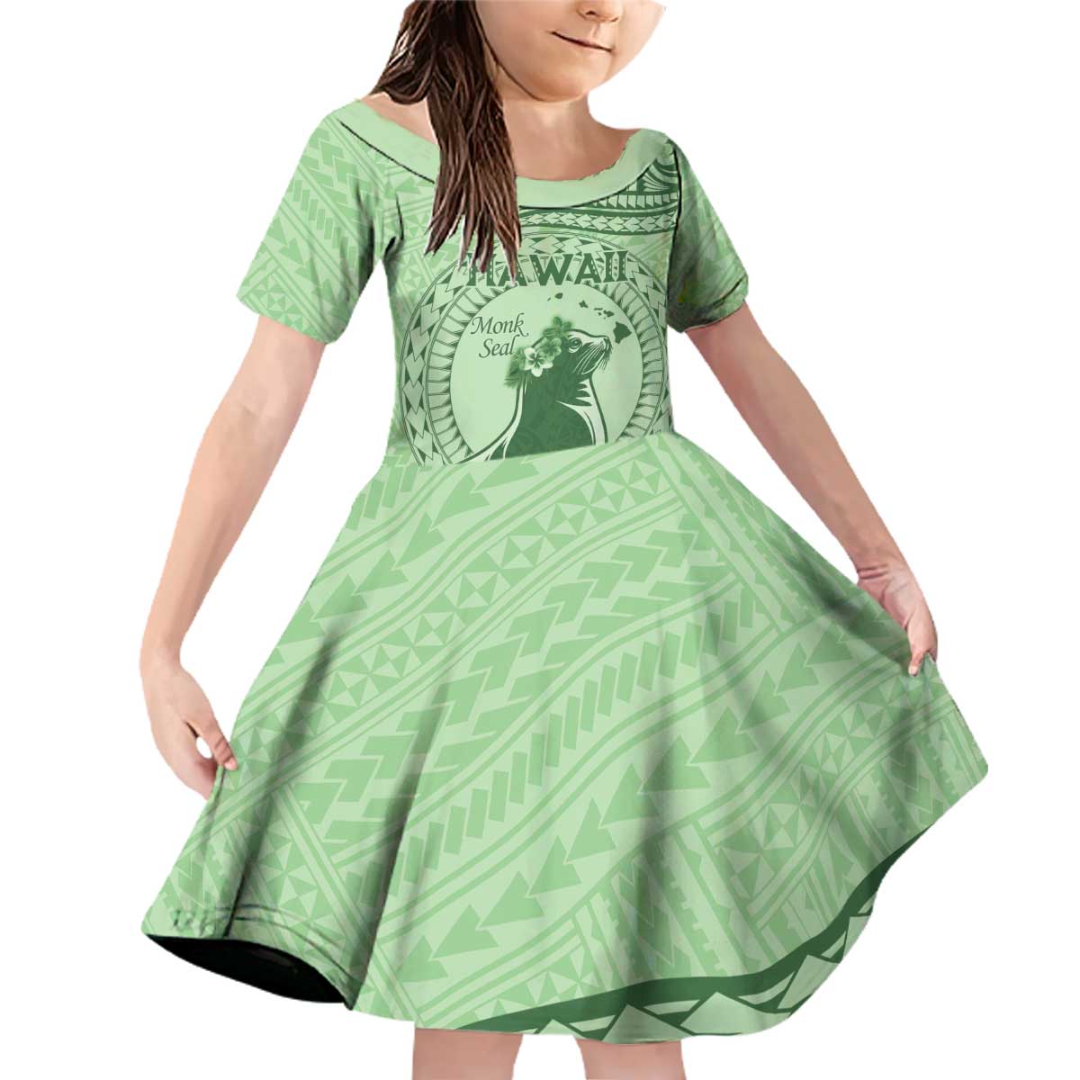 Personalised Hawaii Monk Seal Family Matching Off Shoulder Short Dress and Hawaiian Shirt Polynesian Tattoo With Tropical Flowers - Green Pastel LT14 Daughter's Dress Green - Polynesian Pride