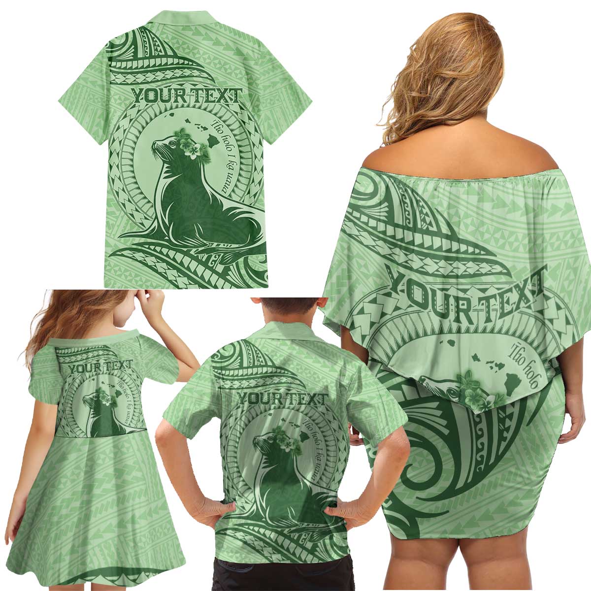 Personalised Hawaii Monk Seal Family Matching Off Shoulder Short Dress and Hawaiian Shirt Polynesian Tattoo With Tropical Flowers - Green Pastel LT14 - Polynesian Pride