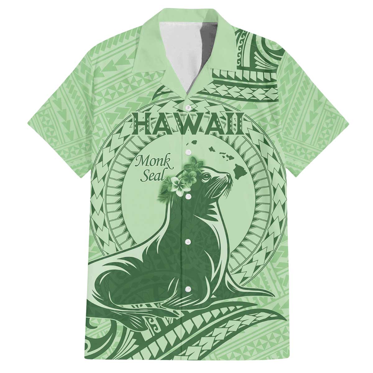 Personalised Hawaii Monk Seal Family Matching Off Shoulder Short Dress and Hawaiian Shirt Polynesian Tattoo With Tropical Flowers - Green Pastel LT14 Dad's Shirt - Short Sleeve Green - Polynesian Pride