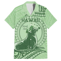 Personalised Hawaii Monk Seal Family Matching Off Shoulder Short Dress and Hawaiian Shirt Polynesian Tattoo With Tropical Flowers - Green Pastel LT14 Dad's Shirt - Short Sleeve Green - Polynesian Pride