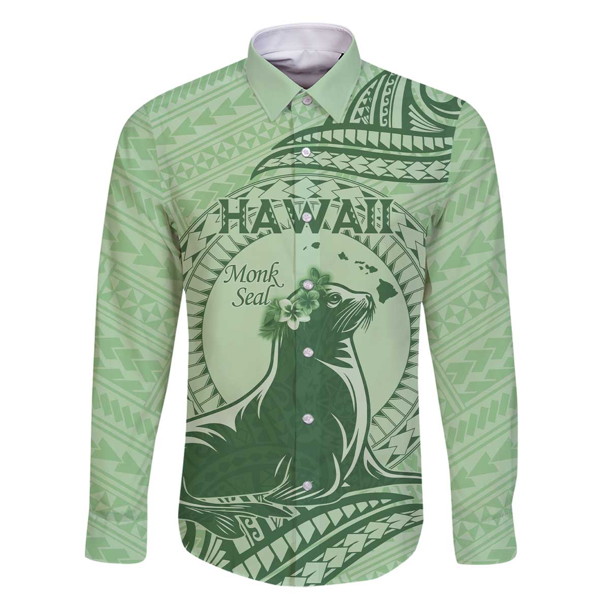 Personalised Hawaii Monk Seal Family Matching Off Shoulder Short Dress and Hawaiian Shirt Polynesian Tattoo With Tropical Flowers - Green Pastel LT14 Dad's Shirt - Long Sleeve Green - Polynesian Pride