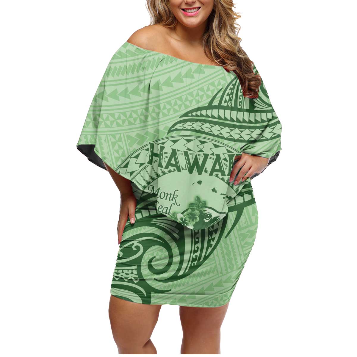 Personalised Hawaii Monk Seal Family Matching Off Shoulder Short Dress and Hawaiian Shirt Polynesian Tattoo With Tropical Flowers - Green Pastel LT14 Mom's Dress Green - Polynesian Pride