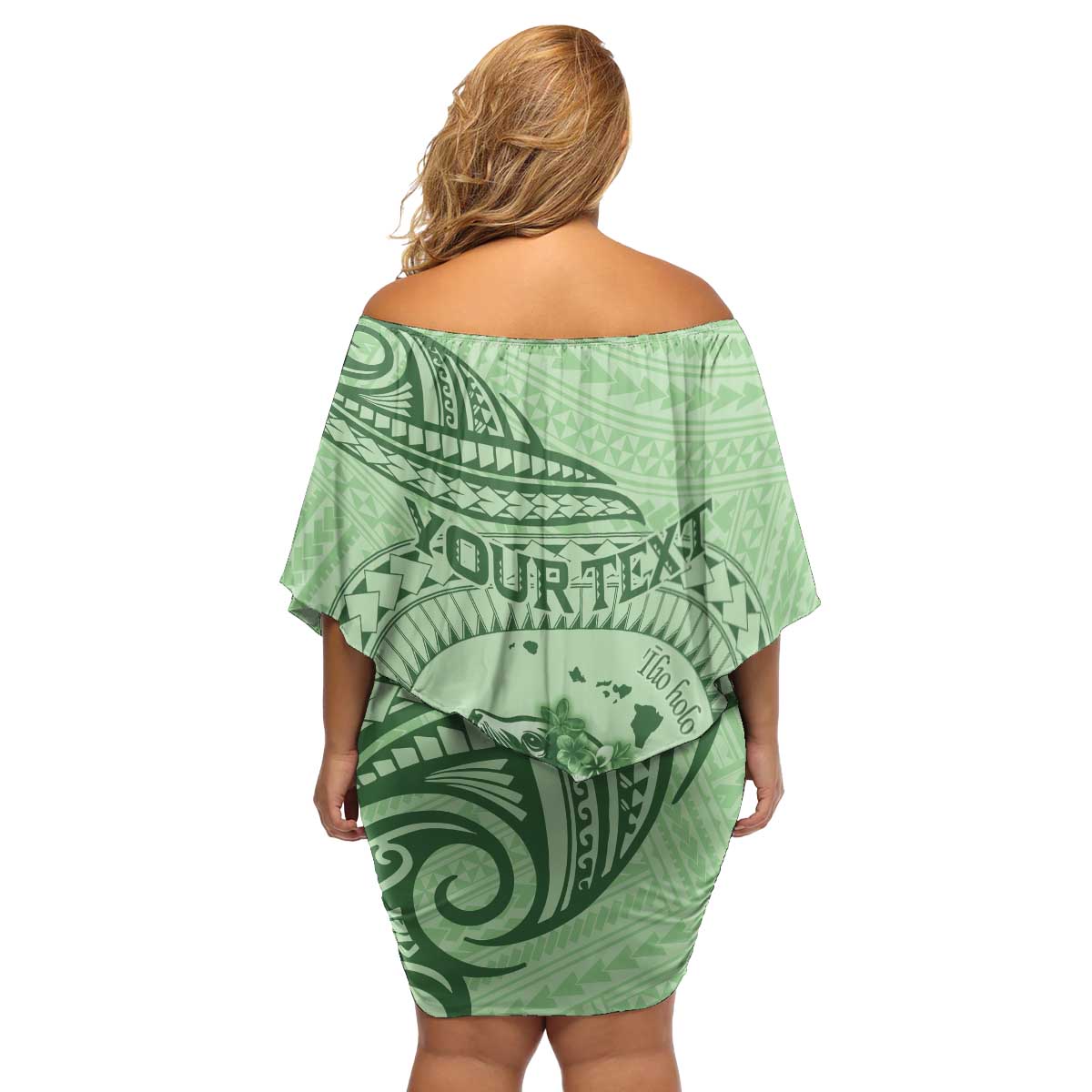 Personalised Hawaii Monk Seal Family Matching Off Shoulder Short Dress and Hawaiian Shirt Polynesian Tattoo With Tropical Flowers - Green Pastel LT14 - Polynesian Pride